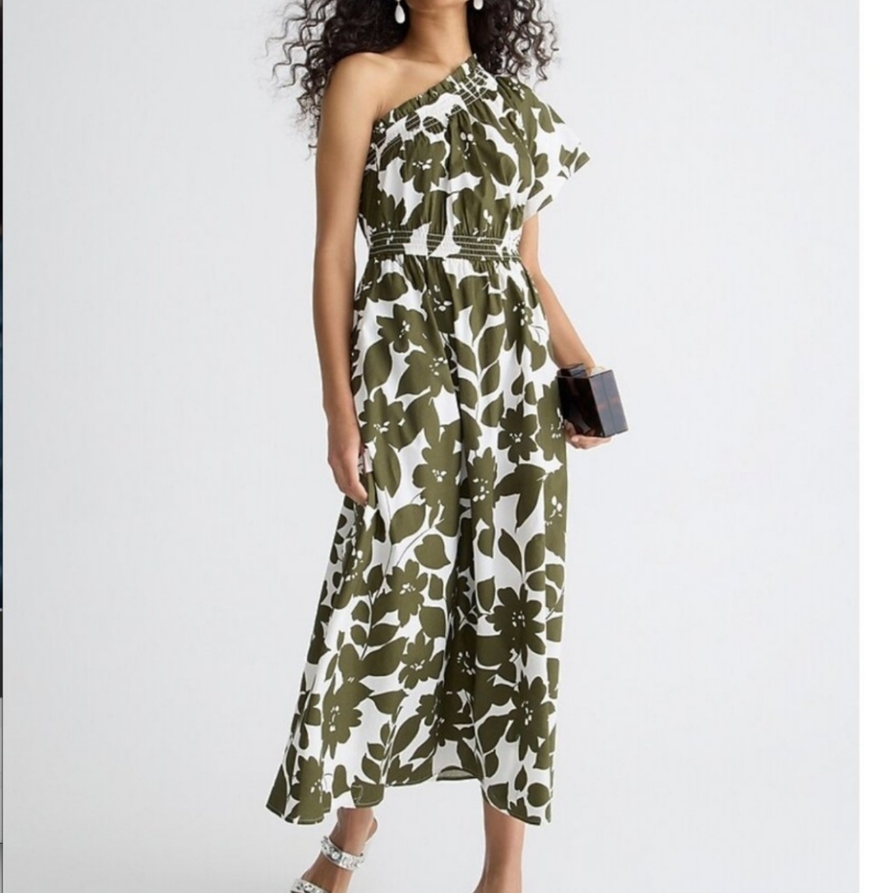 J.Crew Smocked cotton poplin one-shoulder dress in leafy floral Rich Olive M